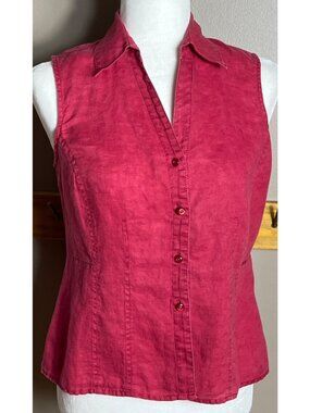 Rafaella Linen Button Top Sleeveless Raspberry Red Coastal Casual Preppy Wom 6
